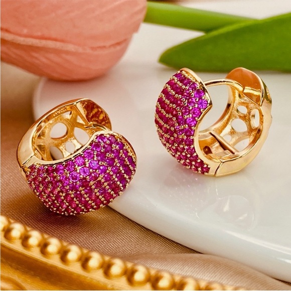 Elegant Pink Pave CZ and Gold Lace Hoop Earrings - Picture 3 of 6